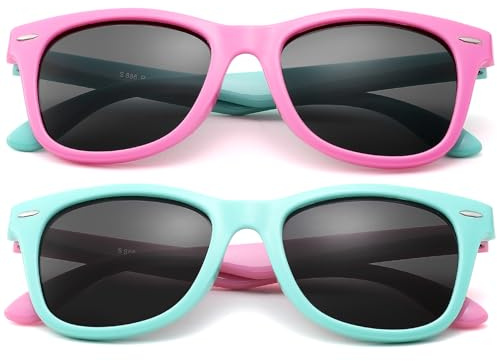 COASION Kids Sunglasses Age 4-12, 2 Pack Girls Boys Polarized TPEE Rubber Flexible Shades Glasses for Big Kids (Pink Green Frame/Grey Lens+Green Pink Frame/Grey Lens)