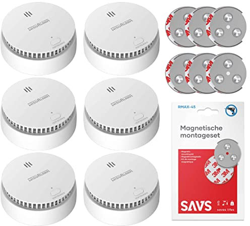 WisuAlarm SA20-A Rauchmelder 10 Jahre Batterie mit Magnethalterung 6 Stück Set - Feuermelder Brandmelder mit Test-/Stummschalt-Taste - Rauchwarnmelder EU-Norm DIN EN14604 - Inklusive Magnethalter