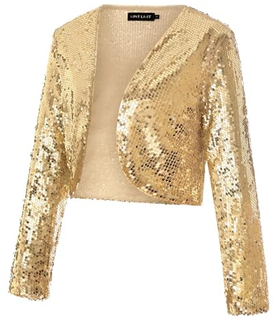 MINTLIMIT Women's Sequin Shrug Open Front Collarless Party Glitter Sparkly Crop Blazer Jacket (Gold, Size L)