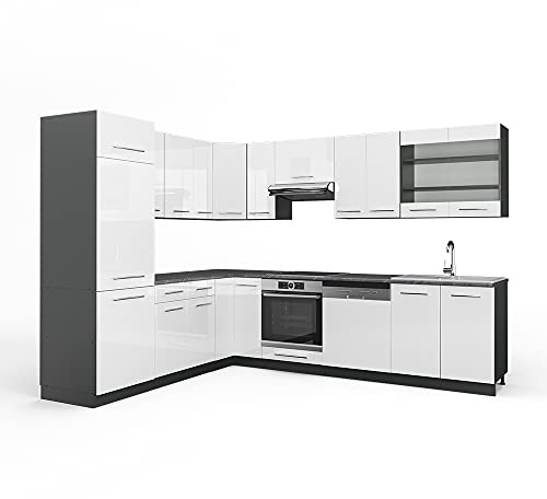 Vicco Eckküche Fame-Line, Weiß Hochglanz/Anthrazit, 287 x 227 cm, AP Anthrazit, für Flexible Küchengestaltung und individuelle Erweiterung