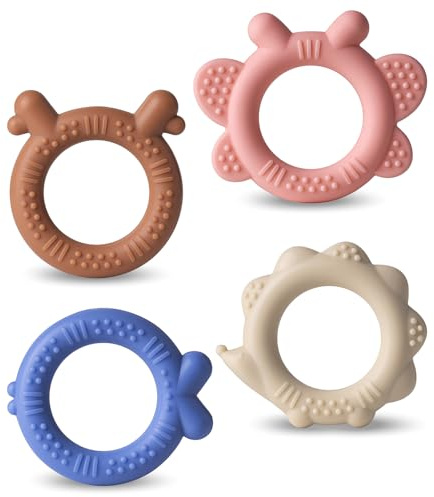NCVI 4 Pack Silicone Teething Rings Set for Babies 0-6 Months, Baby Teething Toys with Ridges, Small Teethers for Infant 6-12 Months, BPA-Free Teething Relief Baby Chew Toys