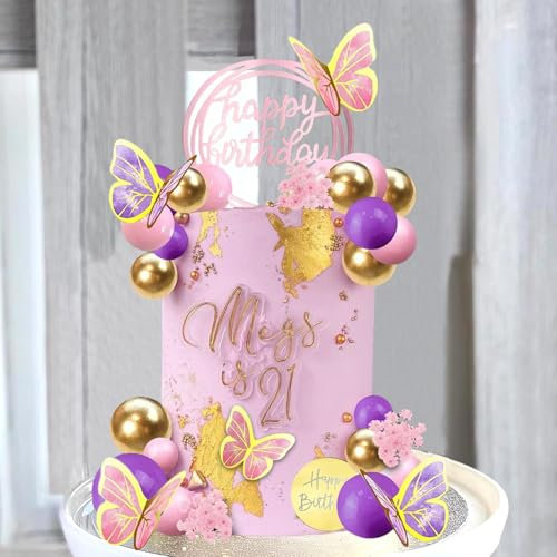 57 Pezzi Farfalla Decorazioni per Torte 3D Farfalla Cake Topper Topper Foam Ball Torta Palline Decorative per Torte Decorazioni Torta Compleanno per Matrimonio Compleanno Baby Shower(Rosa + Viola)