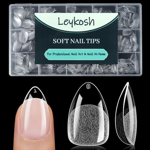 LEYKOSH Short Almond Nail Tips, 240 Pcs Clear Gel Fake Nails, 15 Sizes