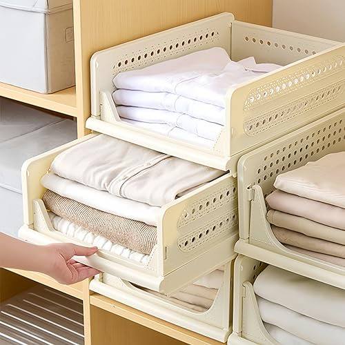 RMAN 3 pcs Organizador Armario Organizador Cajones Extraíbles de Plastico Apilable y Plegable Cajas que Ahorran un 80% de Espacio Almacenaje para Ropa Cocina Dormitorio Baño - Beige