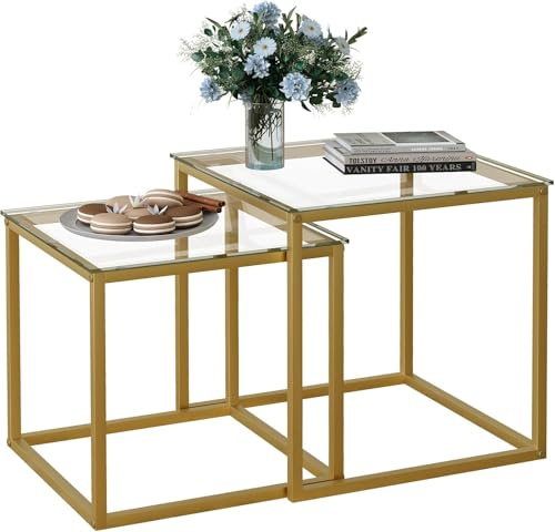 Huhote Juego de 2 mesas auxiliares, mesas auxiliares, mesa auxiliar con marco de metal para salón, dormitorio, balcón, oficina, apartamento, diámetro 50/45 cm (marco dorado, tapa de cristal)