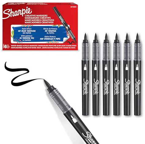 Sharpie Creative Marker Acrylic Paint Pens | Brush Tip Water-Based Paint Markers | Black | No-Bleed Ink Writes on Most Surfaces | Crafting & Art Supplies | 6 Count