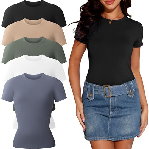 YOIOWVY 5 Pack Women's Short Sleeve T-Shirts Crew Neck Shirts for Women Casual Basic Fitted Stretchy Tee Tops