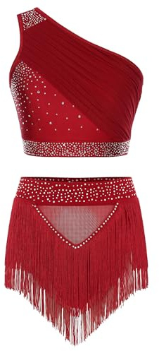 RUNQHUI Femme Ensemble Danse Contemporaine Jupe Frangé Haut Court Strass Tenue Patinage Gymnastique Costume Bourgogne M