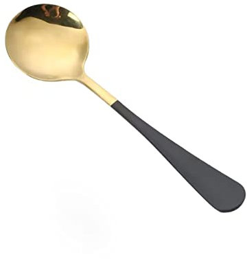 Cucchiaio da minestra a manico lungo con manico ergonomico, ampia applicazione per zuppa, yogurt, budino, gelato, cereali, versatile e pratico, superficie lucida, comodo da usare (cucchiaio oro nero)