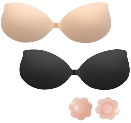 HESUSLA Push Up Bra for Women,2 Pack Invisible Adhesive Strapless Backless Bra,Skin Friendly Sticky Silicone Padded for Everyday Wearing,Party,Wedding,Nipplecovers (UK, Cup & Band, E, Beige+Black)