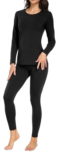 wirarpa Conjunto térmico de algodón para Mujer: Capa Base cálida, Parte Superior Ligera de Manga Larga y Pantalones de Pijama Negro Talla XL