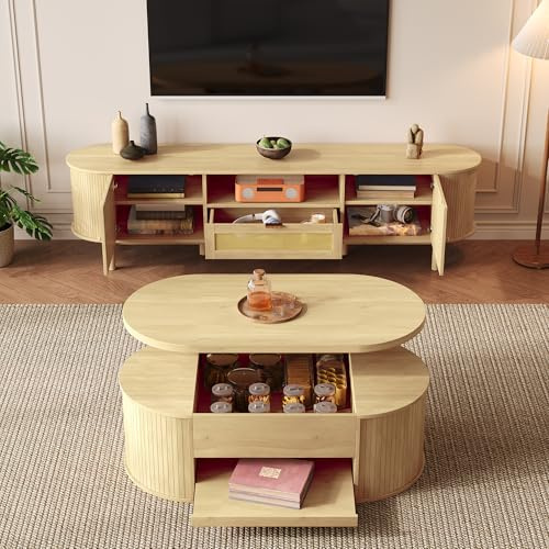 A ALFRESCOOL Juego de muebles de salón con mesa de centro ajustable en altura y mueble de TV, espacio de almacenamiento, bordes redondeados, armoniosamente coordinado, también disponible