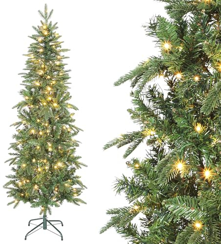 HOMCOM Sapin de Noël Artificiel 180 cm Arbre de Noël Slim 200 Lumières Vert