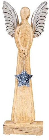 levandeo Weihnachtsengel Mangoholz H34cm Engel Deko Aufsteller Holz Braun Metall Silber Engelfigur Weihnachten Tischdeko Weihnachtsdeko