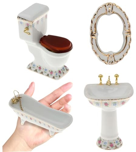 4-teiliges Puppenhaus-Möbelset, 1/12 Puppenhaus-Badezimmer aus Porzellan, inklusive Toilette, Badewanne, Waschbecken und Spiegel, realistisches Miniaturmöbel-DIY-Zubehör