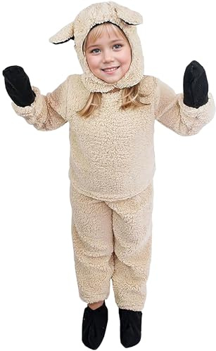 Anuedgis Cute Kids Sheep Costume Fuzzy Lamb Outfit with Hat Gloves Socks for Farm Animal Cosplay Theme Party & Dress Up (Apricot Sheep, M)