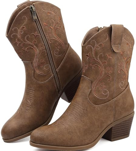 BKWHDAY Cowboy Boots For Women Cowgirl Boots Brown, Western Short Ankle Boots For Women With Embroidered Design, Round Toe Side Zipper Block Heel For Casual Wear