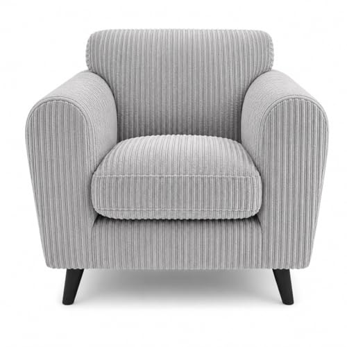 SofaSelection Harlow Jumbo Cord Cuddle Chair, Modern Tailored Wide Armchair for the Reading Nook or Bedroom, Plump Scatter Back, Solid Hardwood Frame, Silver