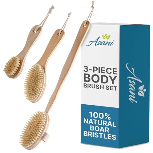 Asani Dry Brushing Body Brush Set for Lymphatic Drainage & Cellulite - 3-Pcs Detachable Back, Contour Body & Face Brushes Organic Gift for Dry Skin, Exfoliation, Invigorating Showers