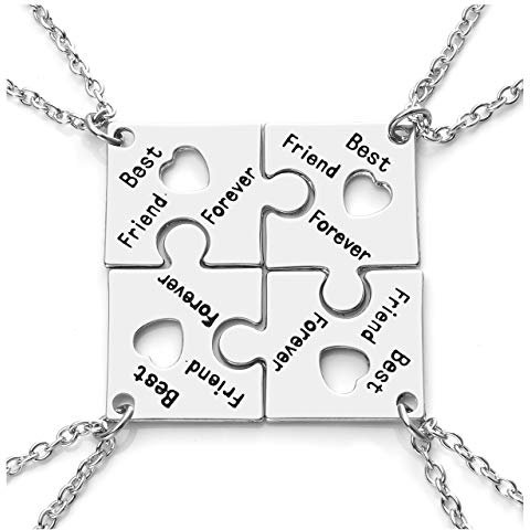 Jovivi Silver Engraved Best Friend Forever Friendship Necklaces for 4,Heart Jigsaw Puzzle Piece Pendant Necklace for Women Sisters Friends Keepsake Jewellery Set