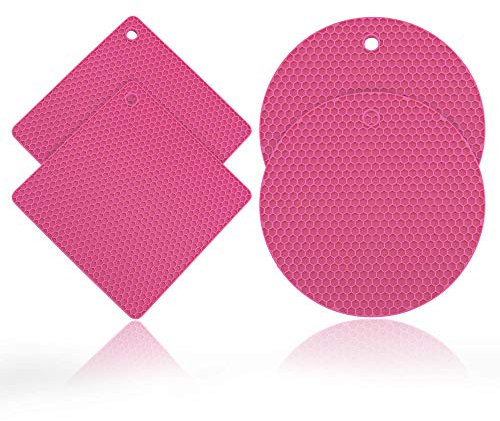 Kochblume Wabenuntersetzer Eckig & Rund 4er Set | Hitzeschutz | Als Untersetzer oder Topflappen | Premium-Silikon | Hitzbeständig | Spülmaschinenfest | Farbe: pink