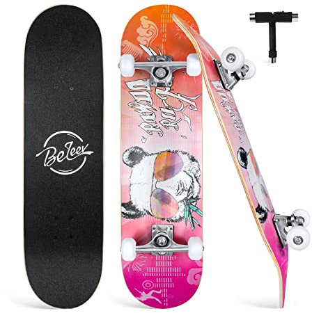 BELEEV Skateboard 31x8 Zoll Komplette Cruiser Skateboard für Kinder Jugendliche Erwachsene, 7-Lagiger Kanadischer Ahorn Double Kick Deck Concave mit All-in-one Skate T-Tool für Anfänger