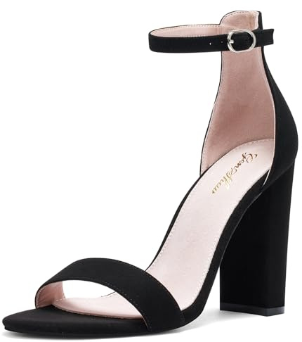 Zhabtuc GENSHUO Sandali da Donna con Tacco Alto Grosso da 10 cm e Cinturino alla Caviglia, Scarpe Eleganti per Feste, Matrimoni e Cerimonie Nuziali, nero scamosciato, 39 EU