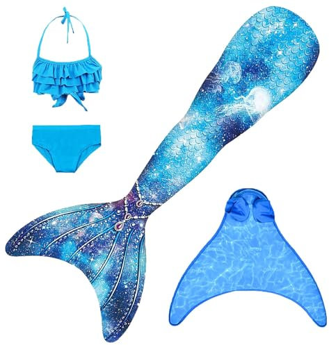 FOLOEO Meerjungfrauenflosse Mädchen Meerjungfrau Flosse Badeanzug Kinder zum Schwimmen mit Monoflosse und Bikini Set für Kinder, 4 Stück Set