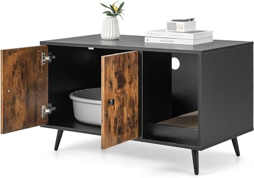 GOPLUS Casa de Aseo para Gatos, Gabinete para Gatos con Doble Puerta y Rascador para Gatos, Muebles de Interior para Gatos, Estilo Industrial, 90 x 50 x 54CM