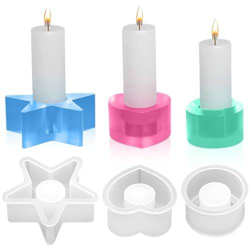 TOPJOWGA Silikonformen GießFormen, 3 Stück 3D Silikonform Kerzenhalter, Silikon-Gießform Kerzenhalter, Silikonform Kerzenhalter Kerzen, Herz Rund Sterne DIY Silikon Kerzenhalter