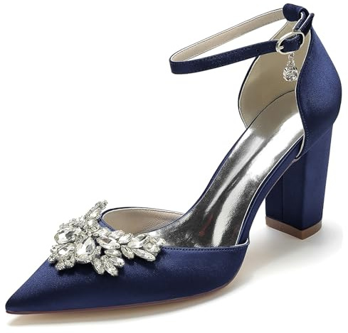 Hanfike Chaussures de mariage avec nœud pour femme - Talon haut et bout pointu - Escarpins de soirée JY172, bleu marine, 39 EU