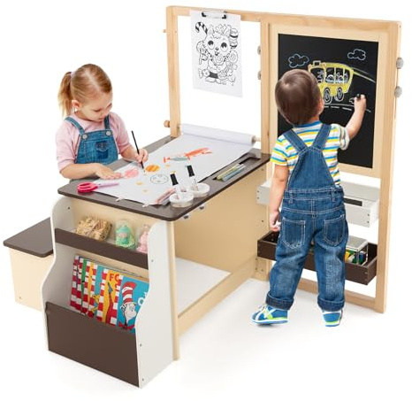 COSTWAY Set 3 in 1 Tavolo e Sedie per Bambini 3+ Anni, Tavolo in Legno Sicuro con Lavagna Cancellabile, Magnetica, Cavalletto Regolabile, Libreria e Accessori Artistici, per Disegno (Caffè)