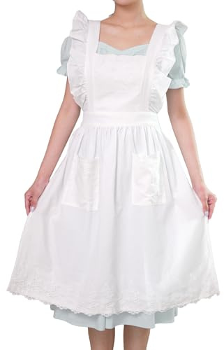 Aoomzoom Vintage Aprons for Woman with Pockets Cute Lace Ruffle Adjustable Apron for Cooking Kitchen Baking Gardening (White)