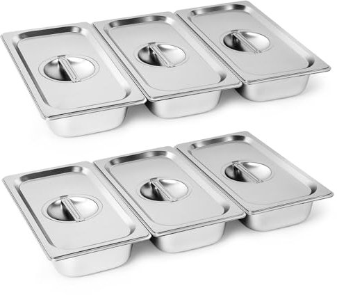 Cokaca Juego de 6 cuencos para empanar con tapa de acero inoxidable GN 1/3, recipiente de 32,5 x 17,5 x 6,5 cm, recipiente rectangular de metal, ideal para chuletas, carne, pescado