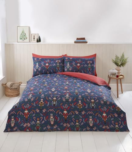 Rapport home Set di biancheria da letto in microfibra, motivo natalizio con schiaccianoci, set copripiumino matrimoniale blu