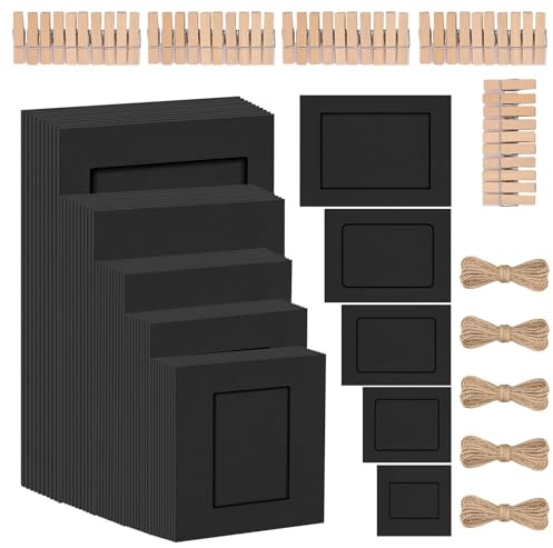 Cimeton 50Pcs Black Paper Picture Frames 3 4 5 6 7 Cardboard Picture Frames Kit with Wooden Clips and String Paper Photo DIY Cardboard Photo Frames for Wall Decor