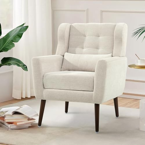 CHSICFOR Modern Accent Chair, Upholstered Arm Chair with Waist Pillow, Single Sofa Chair for Living Room Bedroom Small Spaces (Beige)