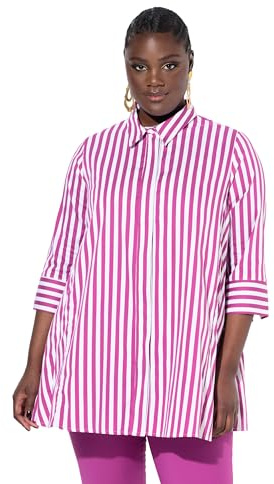 Ulla Popken Blusa a Righe con Godet, Collo da Camicia e Maniche a 3/4 Magenta 50+ 824686810-50+