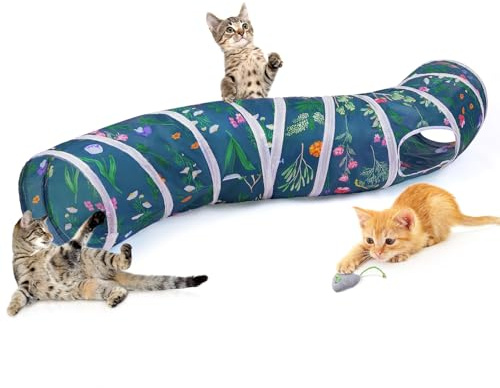 Hedgeink Cat Tunnel S-Shape Peekaboo Cat Cave with Toys Tunnels for Indoor Cats Foldable Rabbit Play Tubes for Guinea Pig, Ferret, Hamster Puppy, Bunny, Kitten, Green flower branches