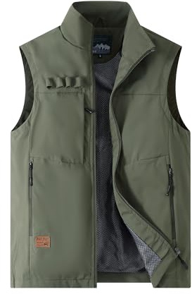 MeiLayM Hombres Aire Libre Pesca Chalecos Multi Bolsillos Chaleco Deportes Casual Respirable Chaqueta Cámping Caza Rápido Chaleco sin mangas Verde militar,XL