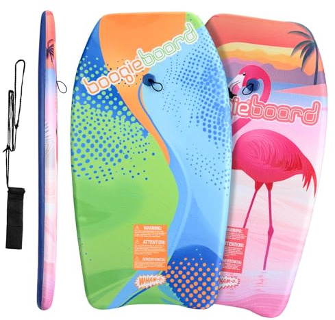 Wham-O Lot de 2 Bodyboards 83.8 cm, Planche légère avec Leash de Poignet, revêtement Fiberclad et Noyau Phuzion pour océan, Piscine Enfants 5+ Adolescents débutants et Adultes – Flamant Rose/Curve