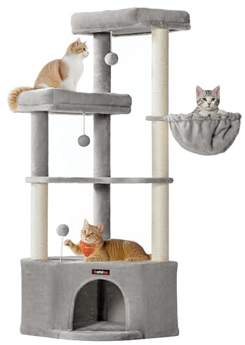 Feandrea Kratzbaum, Katzenbaum, 48,5 x 48,5 x 140,7 cm, Katzenkratzbaum mit großer Kuschelhöhle, großen Plattformen, Plüschbällen, Liegemulde, Taubengrau PCT009G01