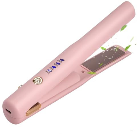 Cordless Hair Straighteners,Rechargeable Mini Hair Straightener Curler 2 in 1,Ceramic Portable Straightener Iron with 4-Level Adjust Temp,Portable Travel Wireless Hair Straightener & Curling (Pink)