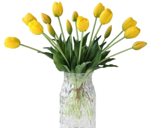 Tulipani Finti Tocco Reale, Tulipani Artificiali Realistici in Lattice Bouquet di Fiori Finti per Festa Matrimonio Centrotavola Casa Camera Decorazione (10 Pezzi, Giallo)