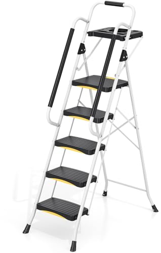 Urackify 5 Step Ladder with Tool Tray, Folding Steel Step Stool with Safety Lock, Anti-Slip Wide Pedals, Large Load Capacity, Handrail, Heavy Duty Ladder for Multi-Purpose, Indoor, Office