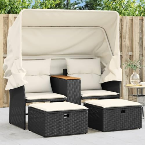 IKAYAA Divano Esterno terrazzo con Sgabelli Divano Lounge in Rattan Divano da Giardino da Esterno in Polyrattan-Nero-con tettoia