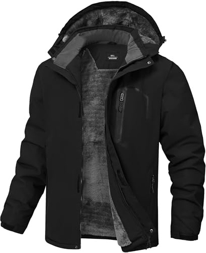 RBYEKP Mens Snow Winter Coat Waterproof Warm Fleece Work Jacket for Men Heavy with Zipper Pockets Thermal Hooded Snowboarding Jackets Black L