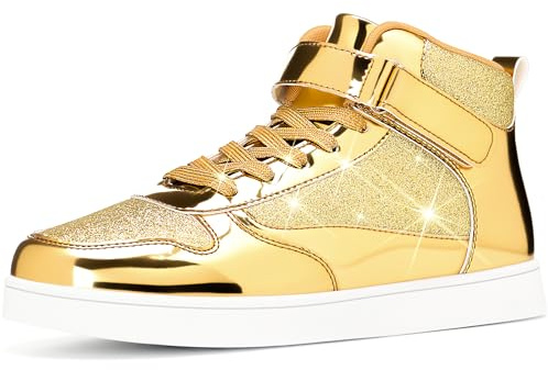 APTESOL Damsneakers med metallisk finish för hög topp med glitteraccenter och justerbar rem, unisex glittrande modepromenadskor för vardag och festkläder