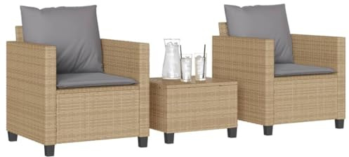 Teenpull Set da bistrò con cuscino, beige, in polyrattan, per esterni, per balconi, terrazze e veranda, set lounge resistente ai raggi UV, confortevole