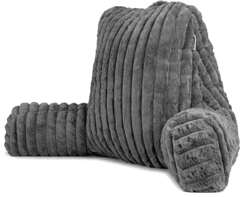 Aamira Reading Pillow, Memory Foam, Faux Fur Ribbed Cover, Grey